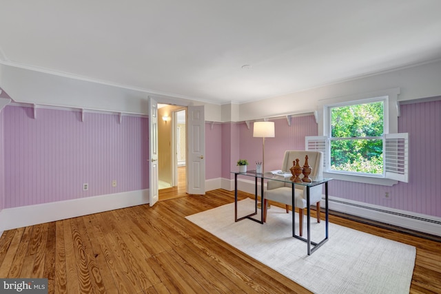 1012 Grant St, Herndon, VA 20170 - office area featuring wood finished floors, a baseboard radiator, and crown molding