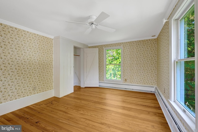 1012 Grant St, Herndon, VA 20170 - unfurnished bedroom with wallpapered walls, crown molding, a baseboard radiator, wood finished floors, and ceiling fan
