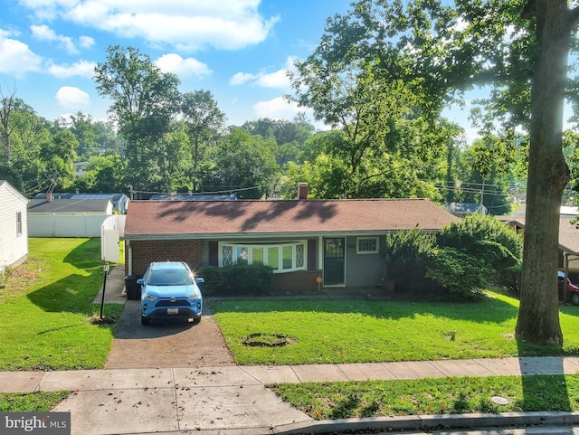 6703 Alter, Baltimore, MD 21207 - ranch-style home with driveway, a chimney, brick siding, and roof with shingles