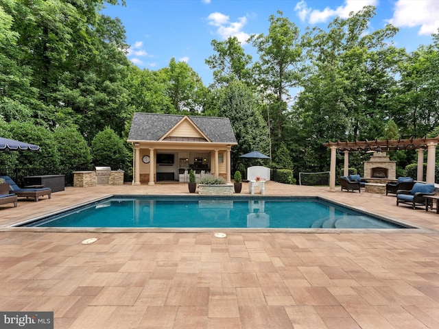 13412 Ellerton Ct, Midlothian, VA 23113 - view of swimming pool with a storage structure, a patio area, area for grilling, and an outdoor structure