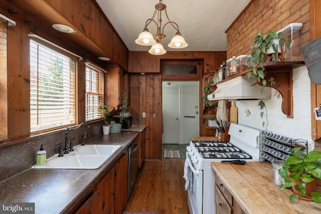 5378 Main St, Stephens City, VA 22655 - kitchen featuring white range with gas cooktop, ventilation hood, dark wood finished floors, dishwasher, and a chandelier