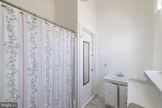 5378 Main St, Stephens City, VA 22655 - bathroom featuring vanity, marble look tiles, and a shower with curtain
