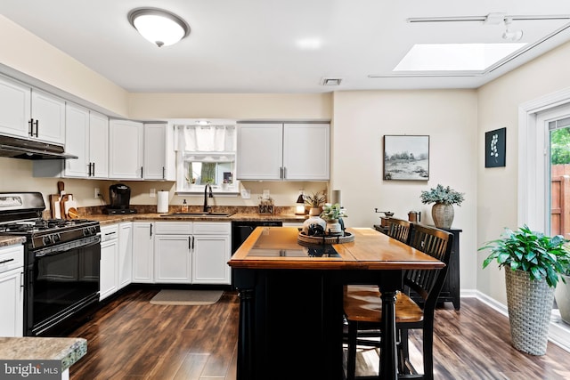 6111 Summit Pointe Dr, Harrisburg, PA 17111 - kitchen featuring black appliances, under cabinet range hood, dark wood-type flooring, and a skylight