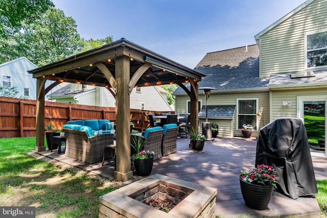 6111 Summit Pointe Dr, Harrisburg, PA 17111 - wooden terrace featuring an outdoor living space with a fire pit, a gazebo, and a grill