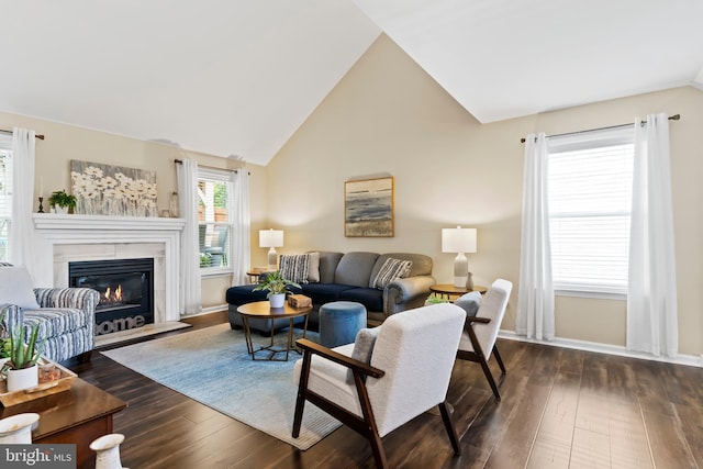 6111 Summit Pointe Dr, Harrisburg, PA 17111 - living area featuring lofted ceiling, dark wood finished floors, and a fireplace with flush hearth