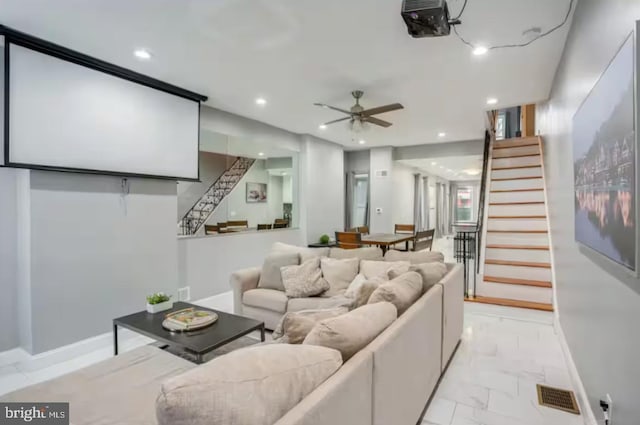 2057 N Franklin St, Philadelphia, PA 19122 - living room featuring stairs, light marble finish floors, ceiling fan, and recessed lighting