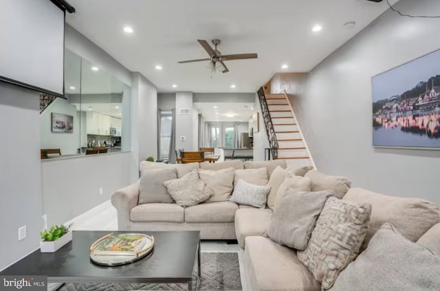 2057 N Franklin St, Philadelphia, PA 19122 - living room featuring ceiling fan, stairs, and recessed lighting