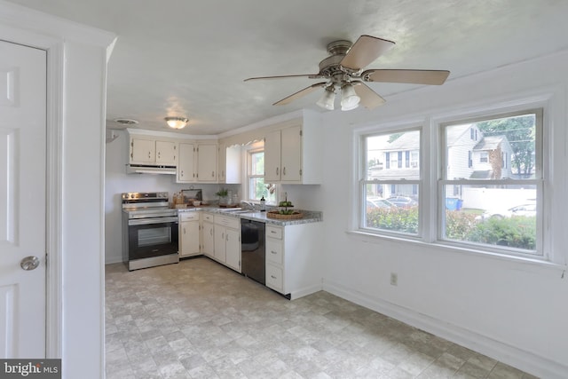 616 S 6th St, Lebanon, PA 17042 - kitchen featuring stainless steel electric range oven, dishwasher, under cabinet range hood, and a ceiling fan