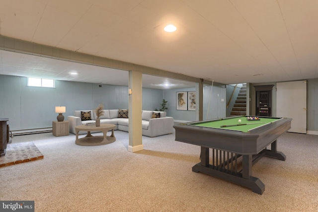 616 S 6th St, Lebanon, PA 17042 - rec room featuring a baseboard heating unit, carpet flooring, and billiards