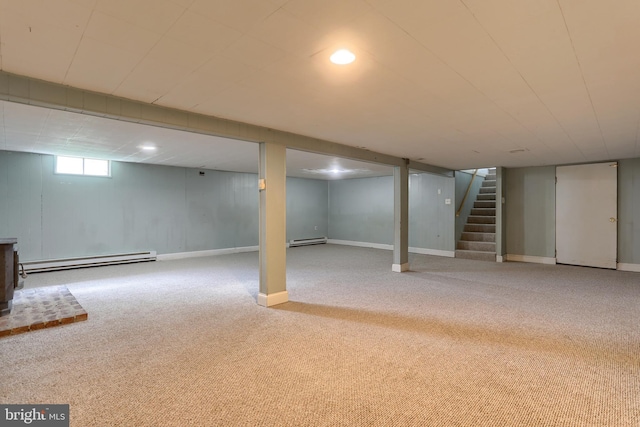 616 S 6th St, Lebanon, PA 17042 - below grade area featuring baseboard heating, stairway, and carpet floors