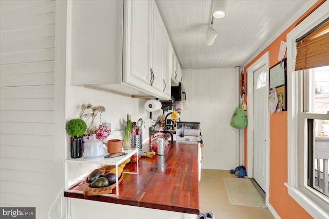643 Penn, West Reading, PA 19611 - kitchen with white cabinets, butcher block counters, and wooden ceiling