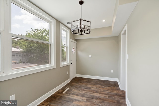 1233 Trinidad Ave NE, Washington, DC 20002 - unfurnished dining area with healthy amount of natural light, a chandelier, dark wood-style flooring, and recessed lighting