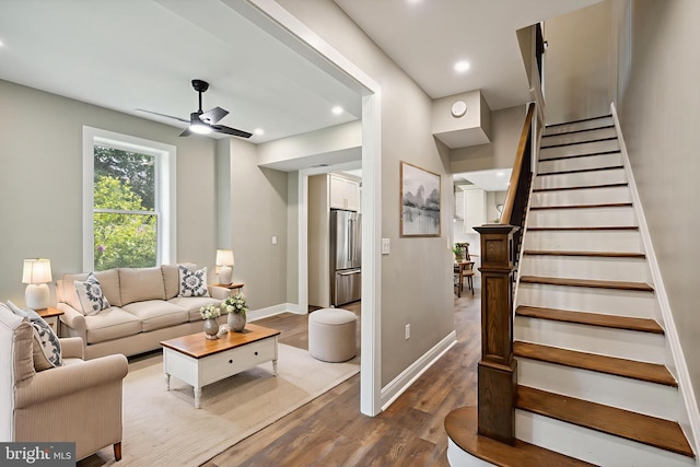 1233 Trinidad Ave NE, Washington, DC 20002 - living room with a ceiling fan, stairs, dark wood-style flooring, and recessed lighting
