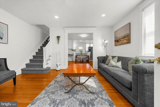 258 Pancoast Ave, Springfield, PA 19064 - living room featuring stairway, wood finished floors, and recessed lighting