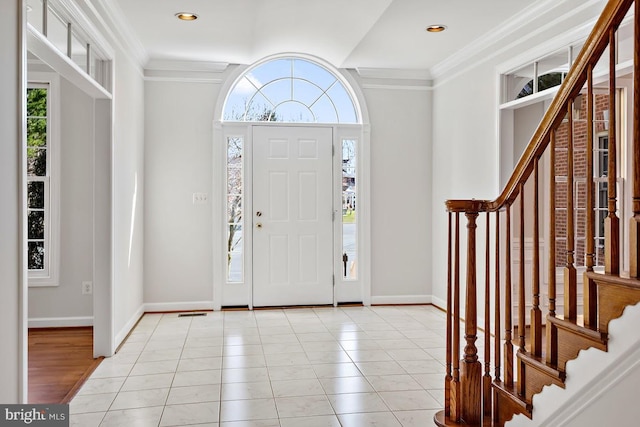 1050 Northfalls Ct, Great Falls, VA 22066 - entryway featuring stairs, crown molding, light tile patterned floors, and recessed lighting