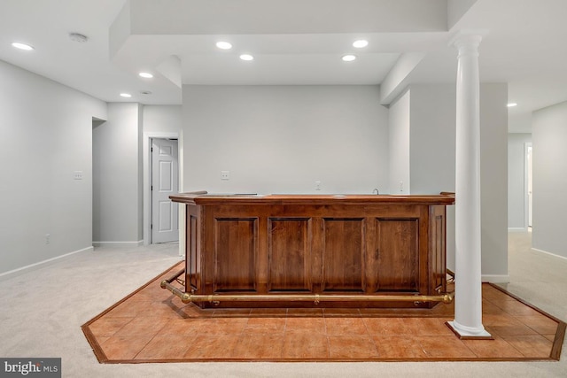 1050 Northfalls Ct, Great Falls, VA 22066 - indoor bar featuring recessed lighting, decorative columns, and light carpet