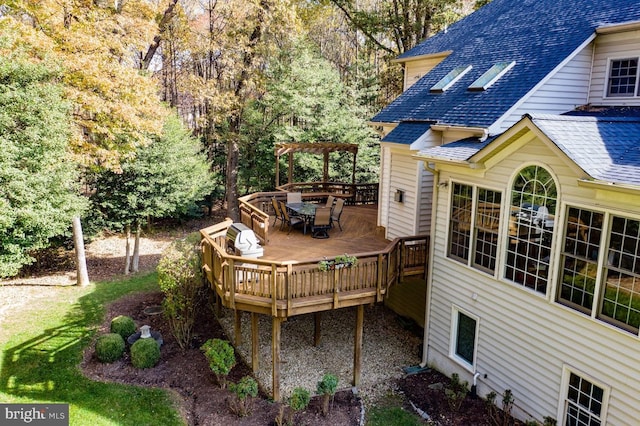 1050 Northfalls Ct, Great Falls, VA 22066 - wooden deck featuring a pergola and outdoor dining space
