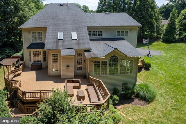 1050 Northfalls Ct, Great Falls, VA 22066 - rear view of property featuring a shingled roof, a lawn, and a wooden deck