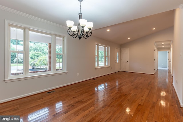 10311 Poe Dr, Manassas, VA 20110 - unfurnished room featuring a chandelier, wood finished floors, ornamental molding, recessed lighting, and lofted ceiling