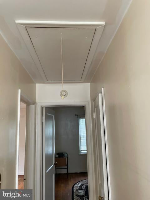 6813 10th Ave, Takoma Park, MD 20912 - corridor featuring attic access and dark wood-style flooring