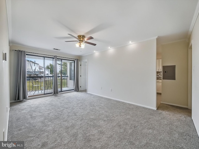 1042 Brinker Dr, Hagerstown, MD 21740 - carpeted empty room with ornamental molding, ceiling fan, electric panel, and recessed lighting