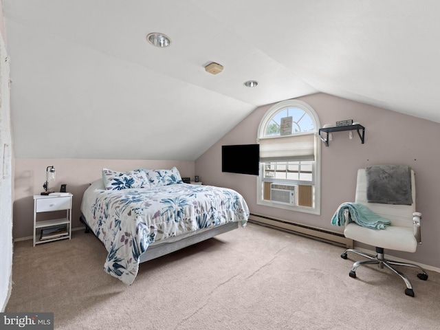 2505 Yellowstone Rd, Cinnaminson, NJ 08077 - bedroom featuring a baseboard radiator, carpet, vaulted ceiling, and cooling unit