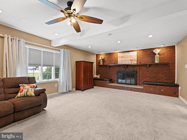 2505 Yellowstone Rd, Cinnaminson, NJ 08077 - living area featuring a ceiling fan, a brick fireplace, light carpet, recessed lighting, and beamed ceiling