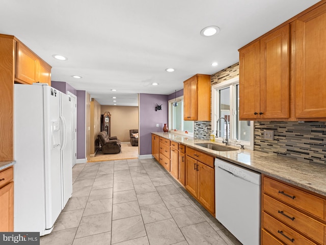 2505 Yellowstone Rd, Cinnaminson, NJ 08077 - kitchen featuring white appliances, backsplash, recessed lighting, light stone countertops, and open floor plan