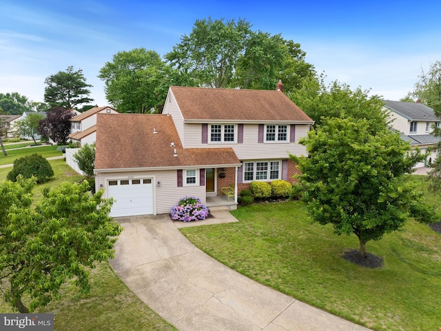 2505 Yellowstone Rd, Cinnaminson, NJ 08077 - view of front of house featuring driveway, a garage, a front yard, roof with shingles, and a chimney