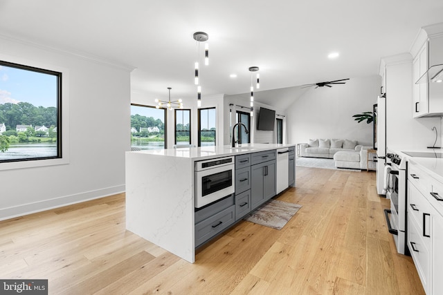 9 W Shore Ct, Landenberg, PA 19350 - kitchen featuring white appliances, open floor plan, gray cabinetry, white cabinets, and light wood-style floors