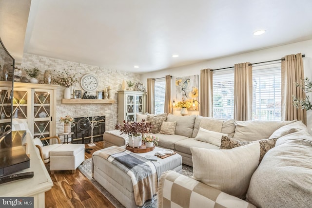 2404 Elfreths Aly, Bensalem, PA 19020 - living area with dark wood finished floors, recessed lighting, and a fireplace