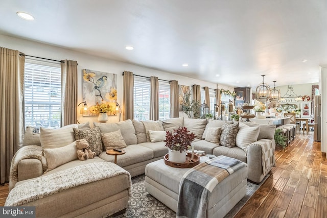 2404 Elfreths Aly, Bensalem, PA 19020 - living room with wood finished floors, a chandelier, healthy amount of natural light, and recessed lighting