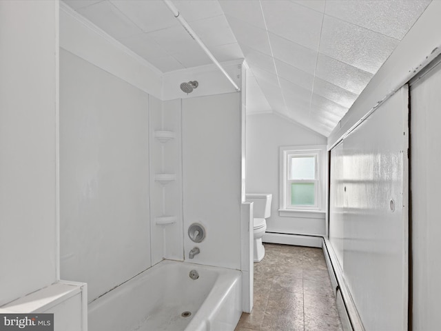 31 W Ferdinand St, Manheim, PA 17545 - bathroom with tub / shower combination, lofted ceiling, a baseboard heating unit, and ornamental molding