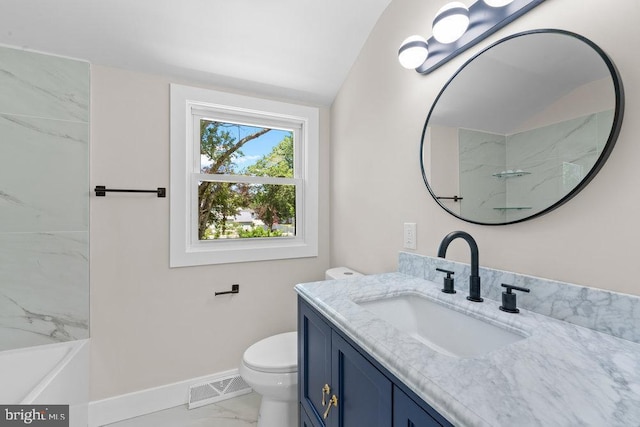 201 E Franklin Ave, Edgewater Park, NJ 08010 - bathroom with marble look tile flooring, vanity, a marble finish shower, and vaulted ceiling