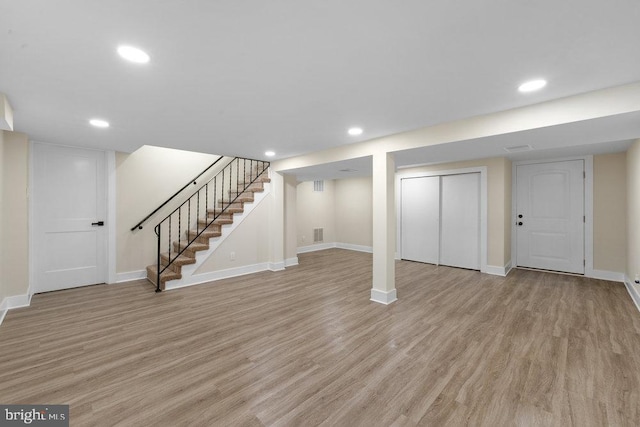 201 E Franklin Ave, Edgewater Park, NJ 08010 - finished below grade area with light wood-style flooring, stairway, and recessed lighting