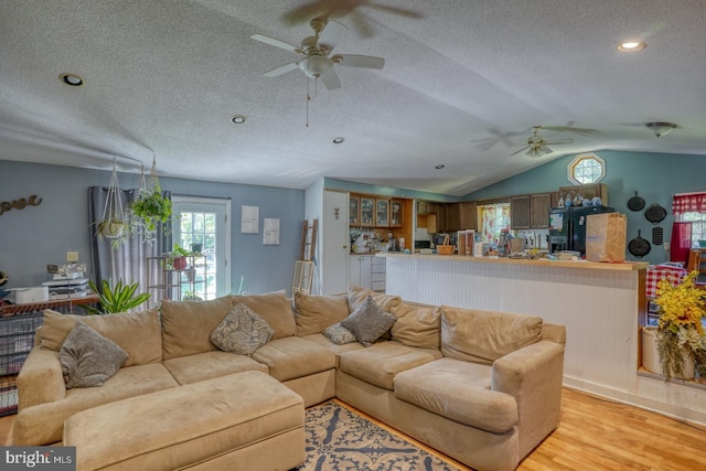 25036 Becks Ln, Georgetown, DE 19947 - living area featuring a ceiling fan, a textured ceiling, light wood-style flooring, lofted ceiling, and recessed lighting