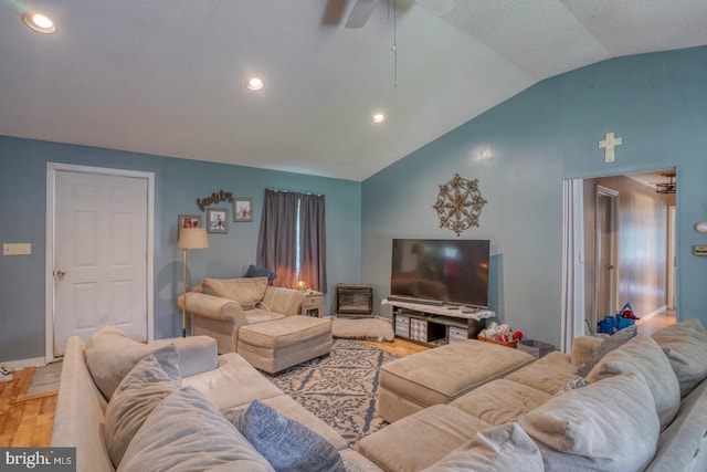 25036 Becks Ln, Georgetown, DE 19947 - living area featuring lofted ceiling, light wood finished floors, ceiling fan, and recessed lighting