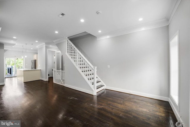 2015 Flagler Pl NW Unit 2, Washington, DC 20001 - unfurnished living room featuring crown molding, stairway, dark wood finished floors, and recessed lighting