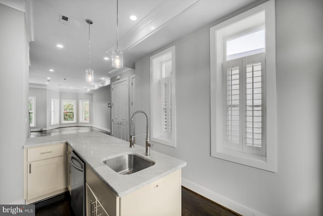2015 Flagler Pl NW Unit 2, Washington, DC 20001 - kitchen with dishwasher, recessed lighting, light stone countertops, dark wood-style floors, and decorative light fixtures