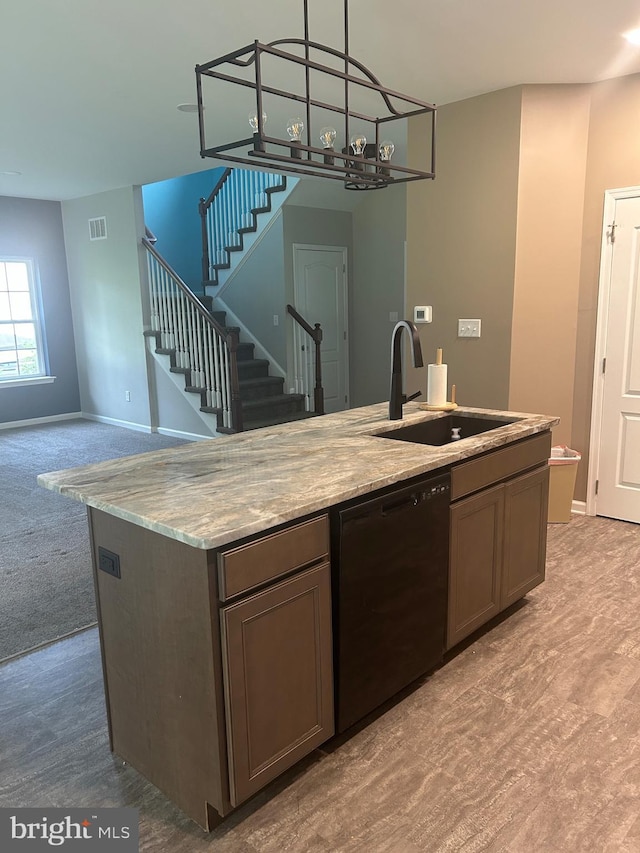 655 Morris Ave, Newfield, NJ 08344 - kitchen featuring dishwasher, a chandelier, pendant lighting, an island with sink, and open floor plan