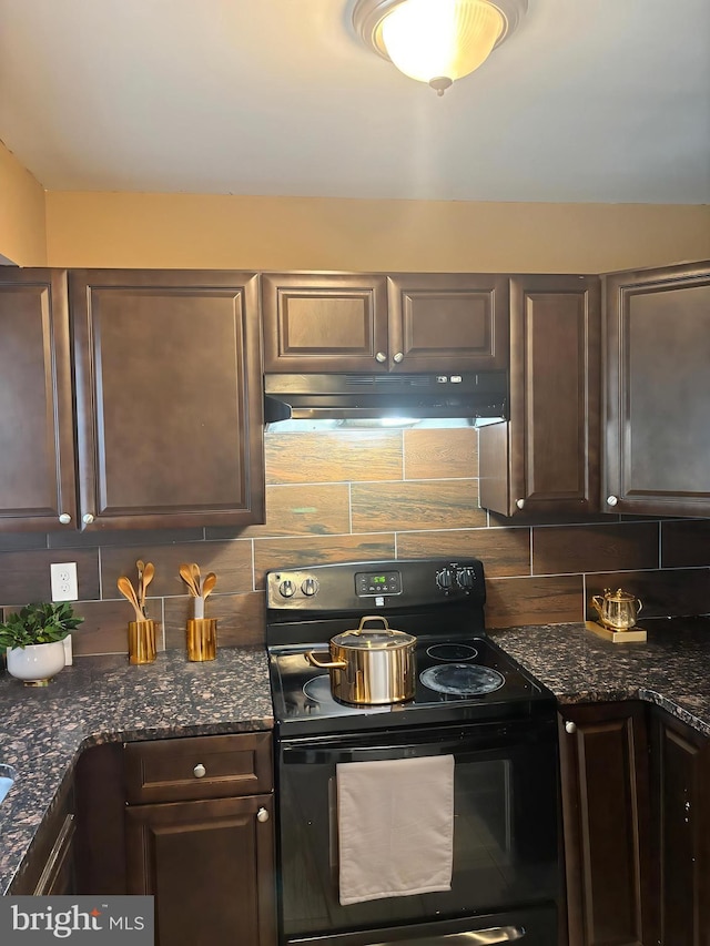 4 Linden Ct, Sicklerville, NJ 08081 - kitchen featuring black electric range, backsplash, under cabinet range hood, and dark brown cabinetry