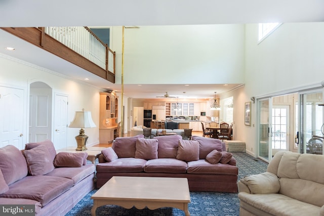 160 Fox Rd, Palmyra, PA 17078 - carpeted living area featuring a towering ceiling, ornamental molding, and recessed lighting