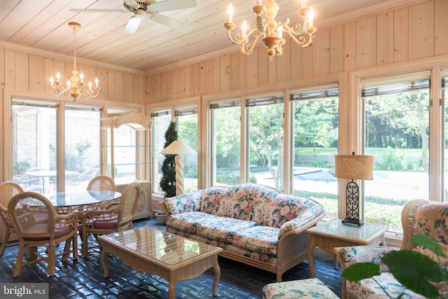 160 Fox Rd, Palmyra, PA 17078 - sunroom with a chandelier, wood ceiling, ornamental molding, plenty of natural light, and wood walls