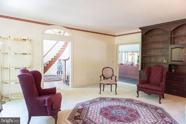 160 Fox Rd, Palmyra, PA 17078 - sitting room featuring stairs, carpet flooring, and healthy amount of natural light
