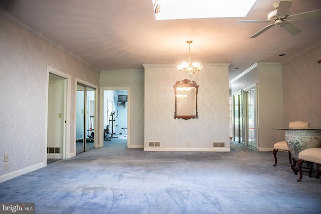 160 Fox Rd, Palmyra, PA 17078 - empty room with carpet, a chandelier, ornamental molding, a skylight, and ceiling fan