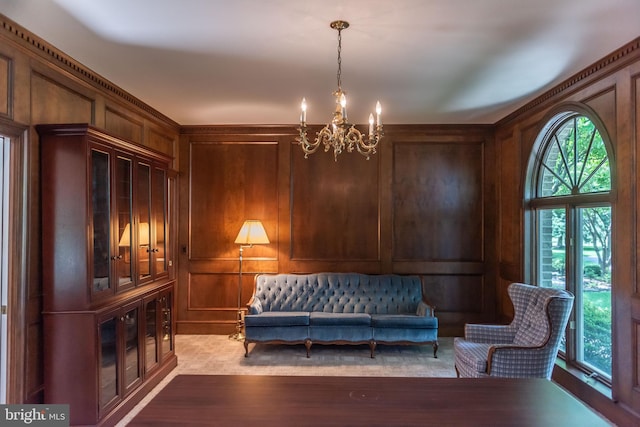 160 Fox Rd, Palmyra, PA 17078 - living area featuring a chandelier, wood walls, and a decorative wall