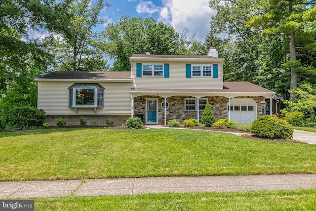 10 Camelia Ct, Lawrence Township, NJ 08648 - split level home featuring a garage, a chimney, driveway, a front lawn, and stone siding