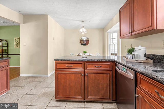 2508 Smoketree Ln, Crofton, MD 21114 - kitchen featuring dishwasher, a peninsula, light tile patterned floors, a textured ceiling, and dark brown cabinets