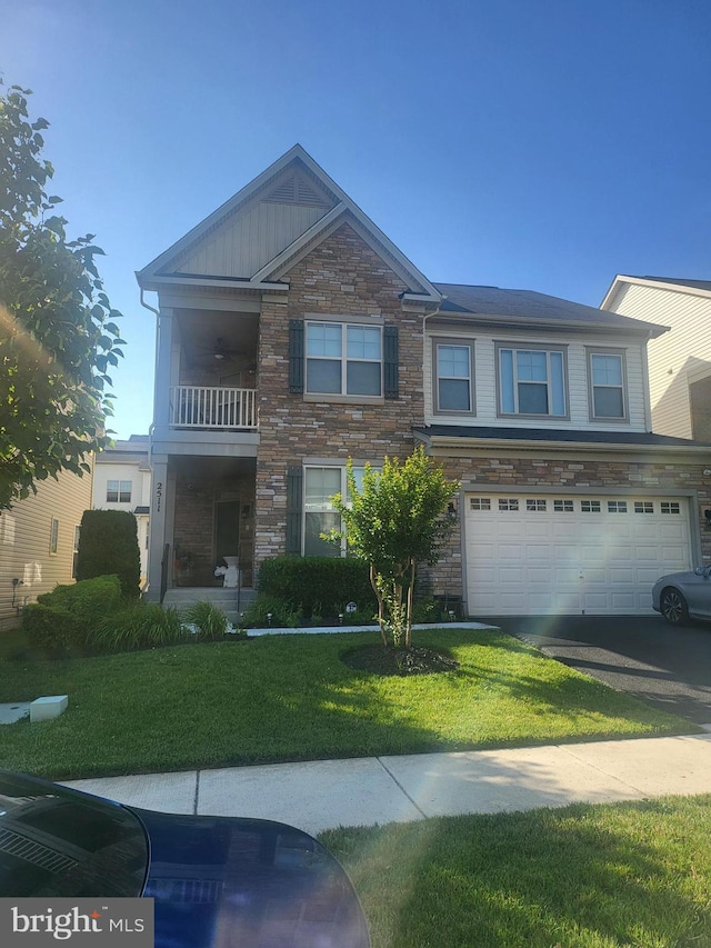 2511 Sir Michael Pl, Lanham, MD 20706 - view of front of house with stone siding, a balcony, a garage, and a front yard