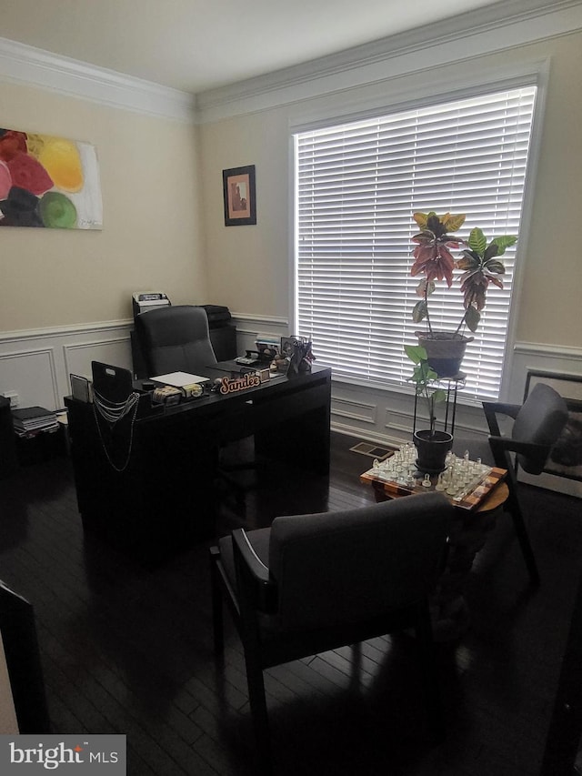2511 Sir Michael Pl, Lanham, MD 20706 - office with ornamental molding, wainscoting, a decorative wall, and dark wood-type flooring